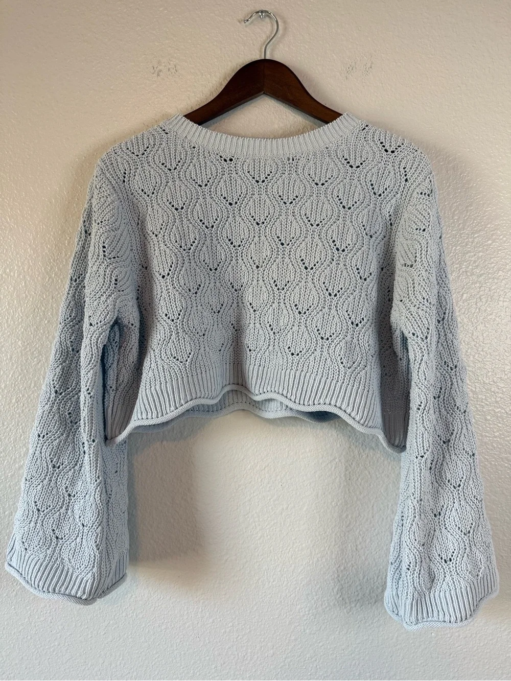 NWOT Cupcake Blue Pointelle Knit Bell Sleeve Cropped Sweater Size Small